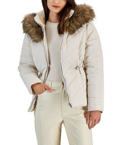 Juniors' Faux-Fur-Trim Hooded Puffer Coat Ivory/Cream $24.84 Coats