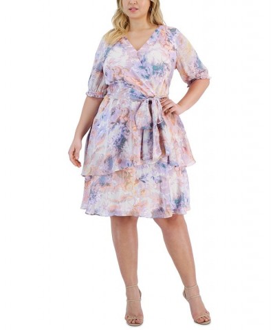 Plus Size V-Neck Tie-Waist Fit & Flare Ruffle Dress Pastel Floral $50.66 Dresses