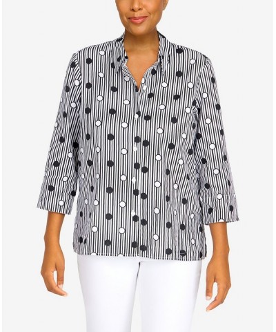 Petite Classics Dot Stripe 3/4 Sleeve Button Down Top Black, White $36.14 Tops