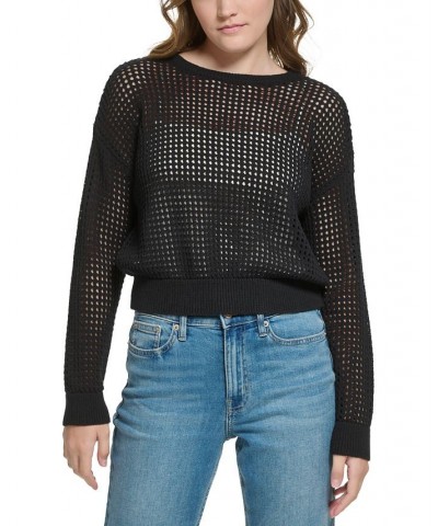 Petite Cotton Open-Stitch Sweater Black $19.24 Sweaters