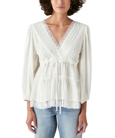 Women's Lace-Trim 3/4-Sleeve Babydoll Top Egret $30.11 Tops