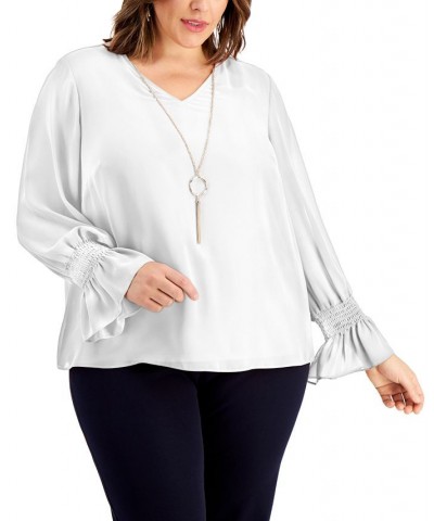 Plus Size Smocked-Sleeve Necklace Top Bright White $16.47 Tops