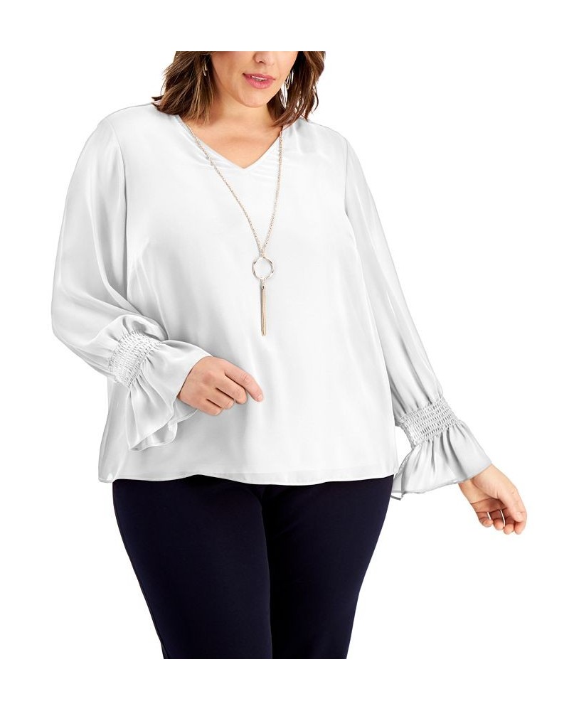 Plus Size Smocked-Sleeve Necklace Top Bright White $16.47 Tops