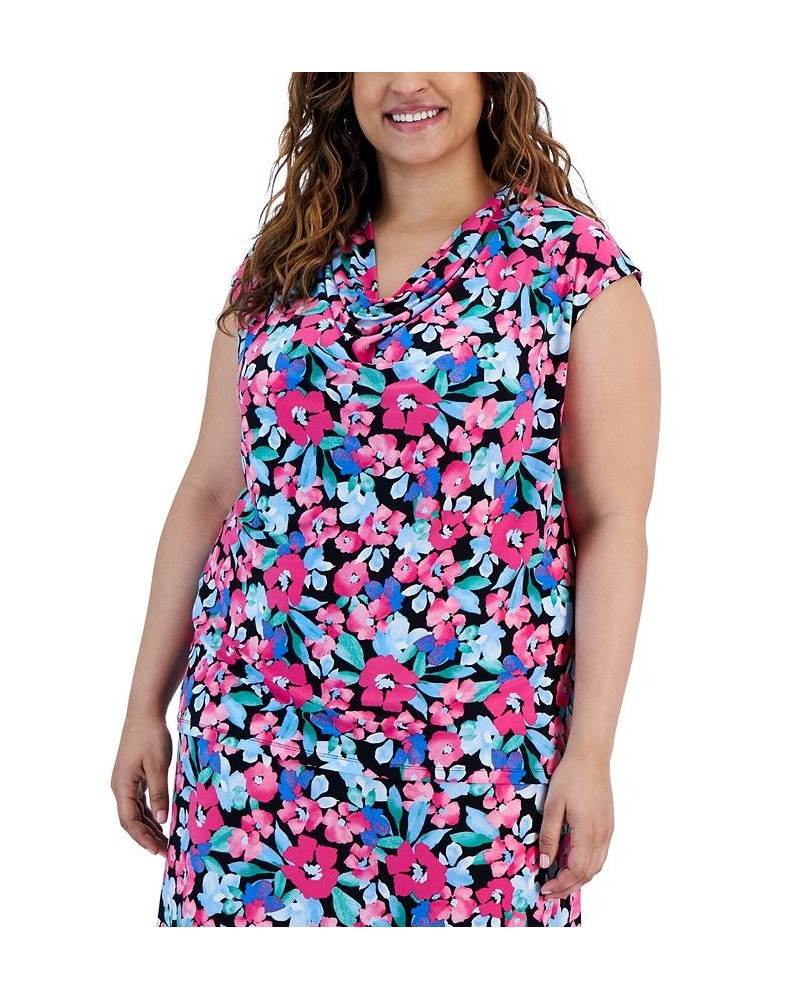 Plus Size Floral-Print Cowlneck Sleeveless Top Black Multi $29.67 Tops