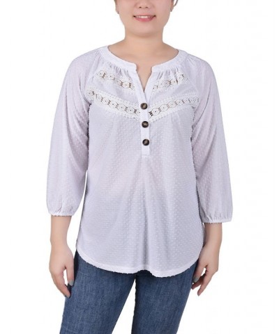 Petite 3/4 Sleeve Swiss Dot Henley Top White $21.60 Tops