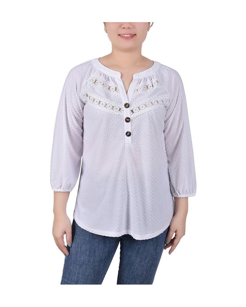 Petite 3/4 Sleeve Swiss Dot Henley Top White $21.60 Tops