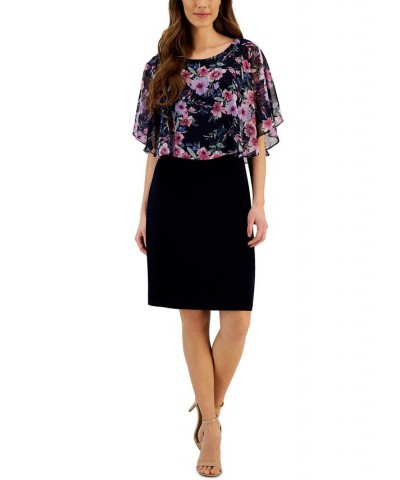 Women's Round-Neck Floral-Cape A-Line Dress Navy/Mauve $25.47 Dresses