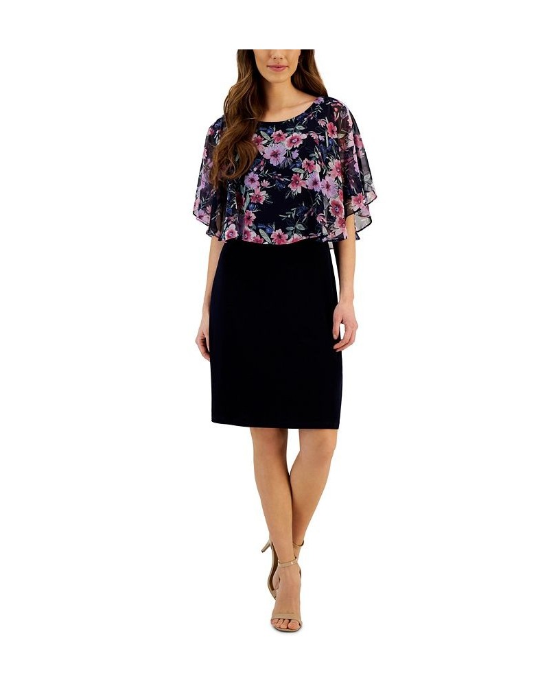 Women's Round-Neck Floral-Cape A-Line Dress Navy/Mauve $25.47 Dresses