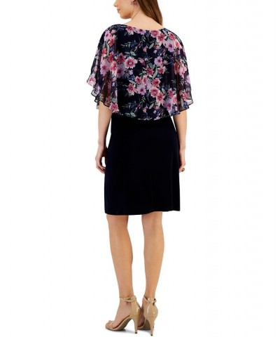 Women's Round-Neck Floral-Cape A-Line Dress Navy/Mauve $25.47 Dresses