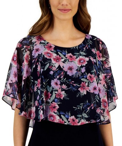 Women's Round-Neck Floral-Cape A-Line Dress Navy/Mauve $25.47 Dresses