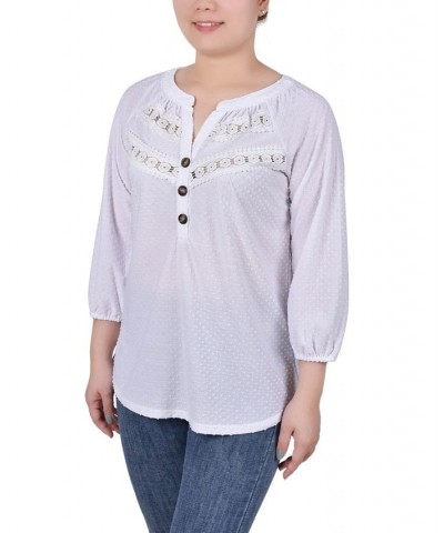 Petite 3/4 Sleeve Swiss Dot Henley Top White $21.60 Tops