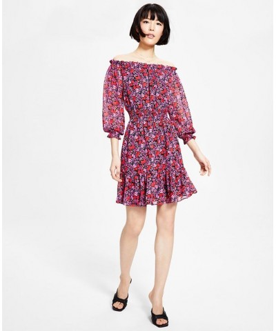 Women's Smocked Off-The-Shoulder Dress Vivid Violet Combo $42.57 Dresses