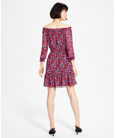 Women's Smocked Off-The-Shoulder Dress Vivid Violet Combo $42.57 Dresses