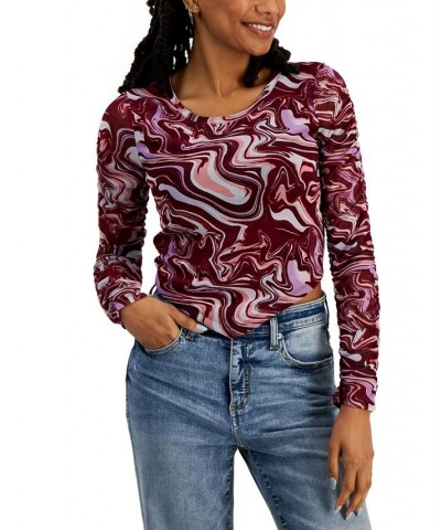 Juniors' Printed V-Hem Mesh Top Rich Wine Swirl $8.71 Tops