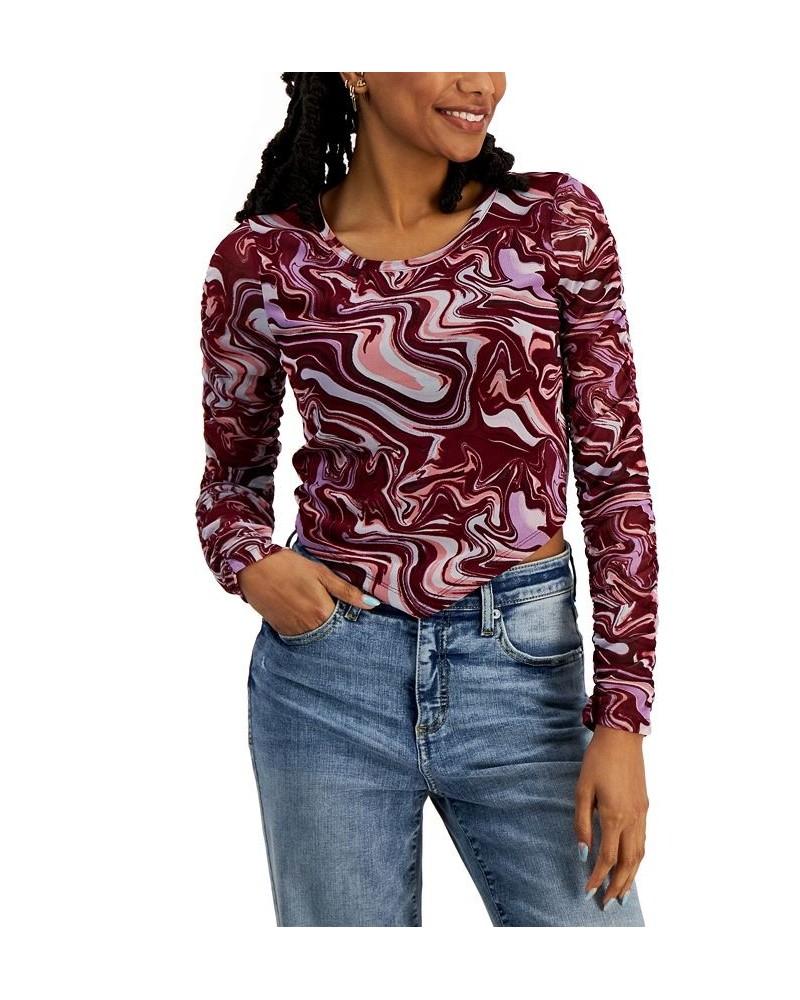 Juniors' Printed V-Hem Mesh Top Rich Wine Swirl $8.71 Tops