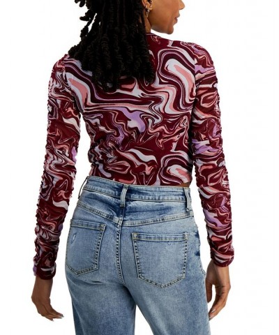 Juniors' Printed V-Hem Mesh Top Rich Wine Swirl $8.71 Tops