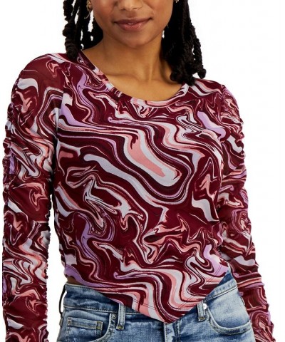 Juniors' Printed V-Hem Mesh Top Rich Wine Swirl $8.71 Tops