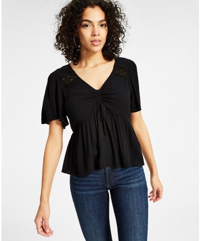 Juniors' Short-Flutter-Sleeve Front-Tie Top Black $11.50 Tops