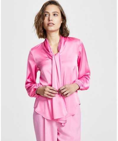 Women's Bow-Tie Long-Sleeve Blouse Pink $37.13 Tops