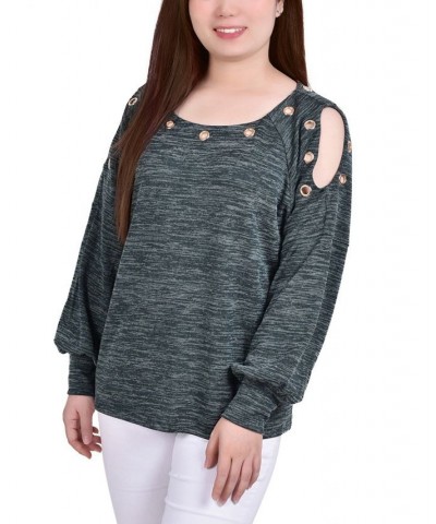 Petite Long Sleeve Shoulder Cutout Tunic Top Green $15.36 Tops