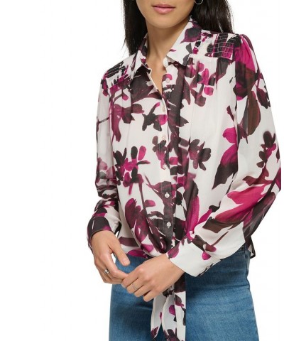 Long Sleeve Tie Front Button Down Blouse Mulberry Combo $28.67 Tops