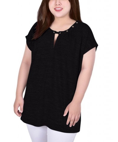 Plus Size Short Extended-Sleeve Grommet Neck Knit Top Black $11.87 Tops