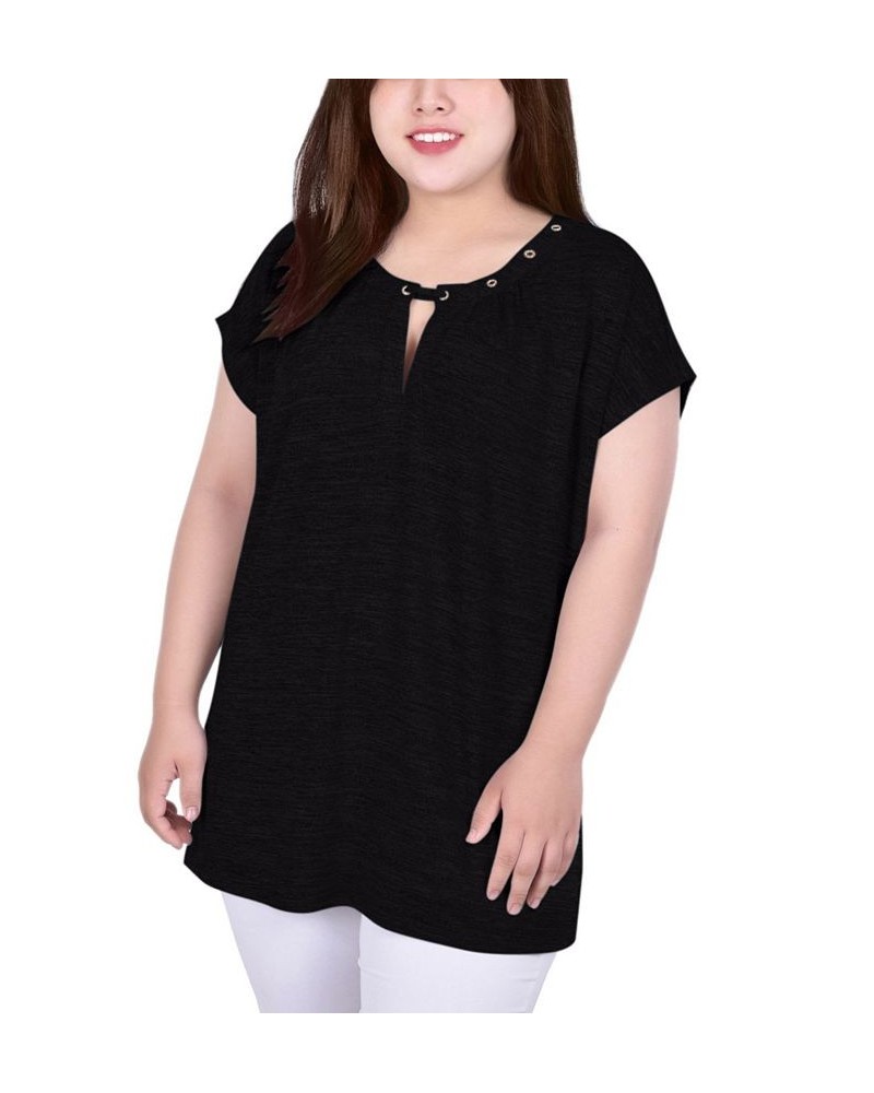 Plus Size Short Extended-Sleeve Grommet Neck Knit Top Black $11.87 Tops