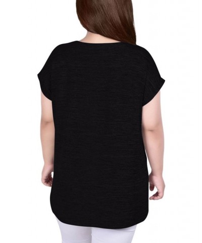 Plus Size Short Extended-Sleeve Grommet Neck Knit Top Black $11.87 Tops