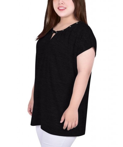 Plus Size Short Extended-Sleeve Grommet Neck Knit Top Black $11.87 Tops