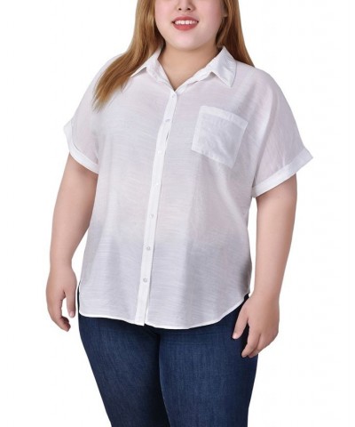 Plus Size Short Sleeve Woven Front and Jersey Back Top White $12.14 Tops