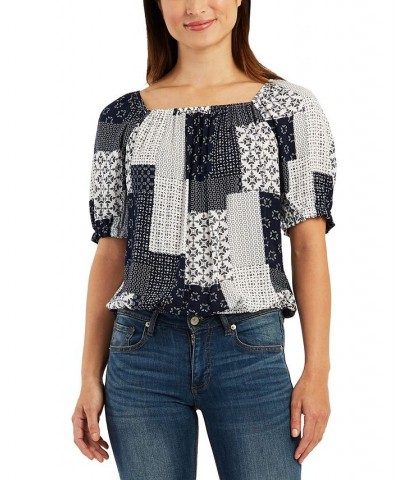 Juniors' Patchwork-Print Square-Neck Puff-Sleeve Top Pat E $24.50 Tops