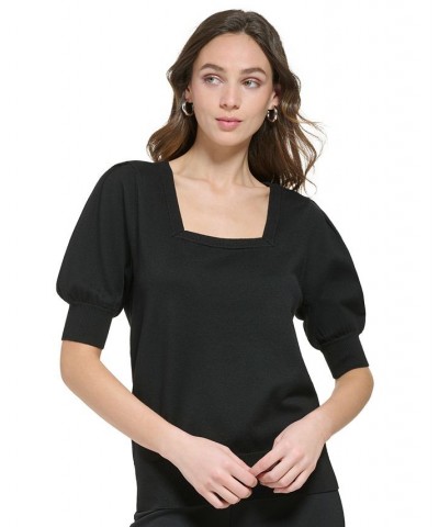 Women's Square-Neck Puff-Sleeve Sweater Black $36.34 Sweaters