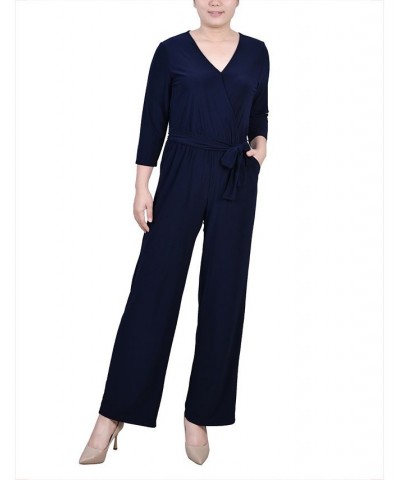 Petite Short 3/4 Sleeve Belted Jumpsuit Blue $22.14 Pants