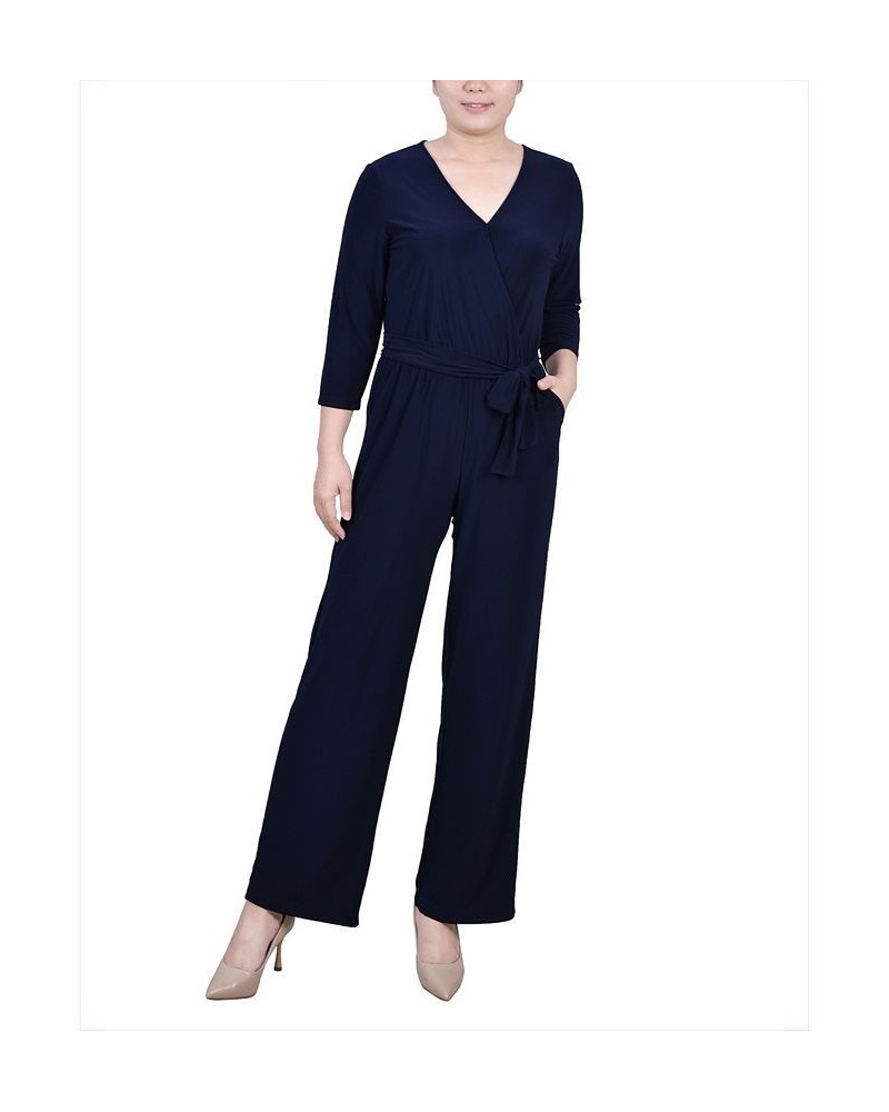 Petite Short 3/4 Sleeve Belted Jumpsuit Blue $22.14 Pants