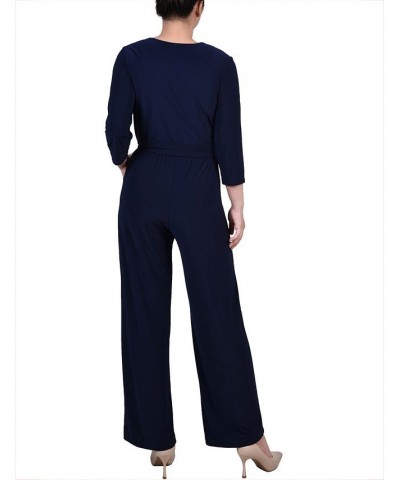 Petite Short 3/4 Sleeve Belted Jumpsuit Blue $22.14 Pants