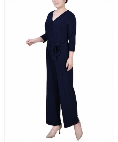 Petite Short 3/4 Sleeve Belted Jumpsuit Blue $22.14 Pants