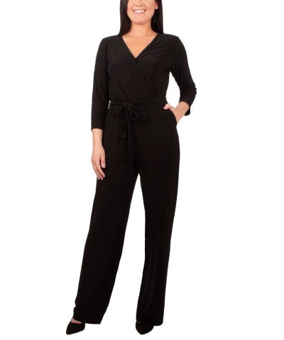 Petite 3/4 Sleeve Printed Belted Jumpsuit Black $17.63 Pants