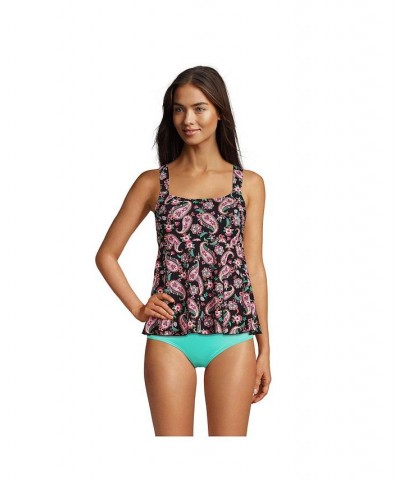 Women's Long Flutter Scoop Neck Tankini Top Comfort Adjustable Straps Black Multi Paisley Floral $47.40 Swimsuits