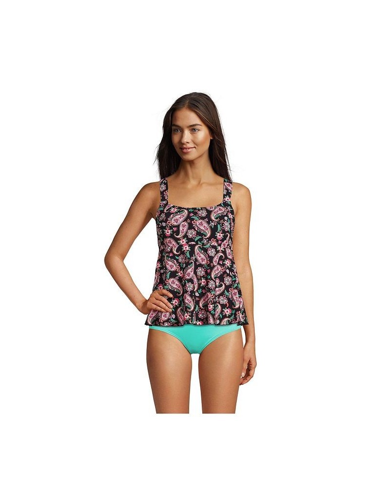 Women's Long Flutter Scoop Neck Tankini Top Comfort Adjustable Straps Black Multi Paisley Floral $47.40 Swimsuits