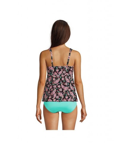 Women's Long Flutter Scoop Neck Tankini Top Comfort Adjustable Straps Black Multi Paisley Floral $47.40 Swimsuits