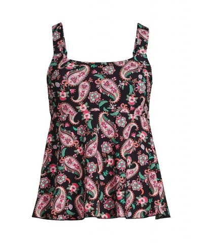 Women's Long Flutter Scoop Neck Tankini Top Comfort Adjustable Straps Black Multi Paisley Floral $47.40 Swimsuits