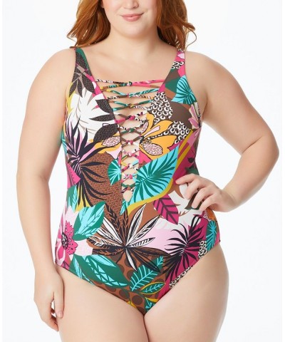 Plus Size Run Wild Printed Lace-Up One-Piece Swimsuit Multi $29.93 Swimsuits