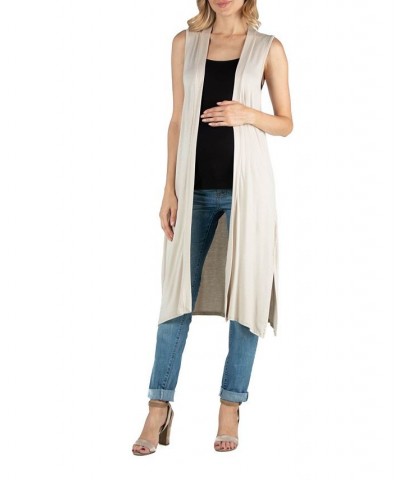 Sleeveless Long Maternity Cardigan with Side Slit Tan/Beige $23.69 Sweaters