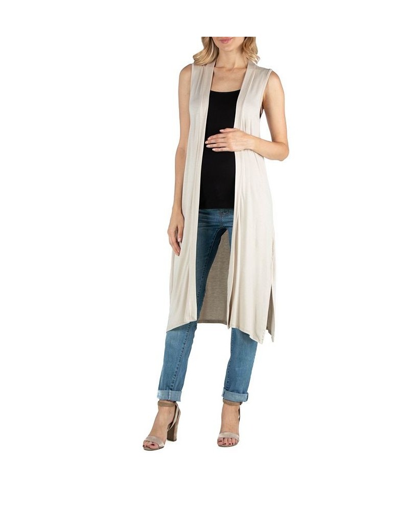 Sleeveless Long Maternity Cardigan with Side Slit Tan/Beige $23.69 Sweaters