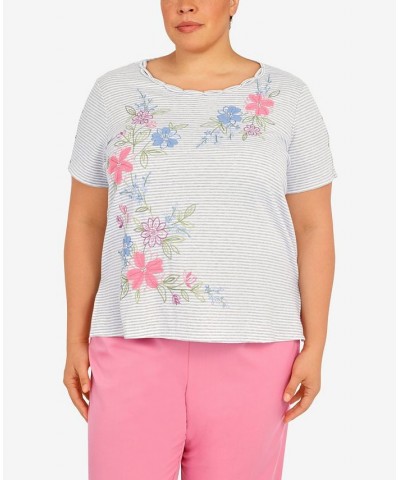 Plus Size Floral Mini Stripe Top Heather Grey $39.69 Tops