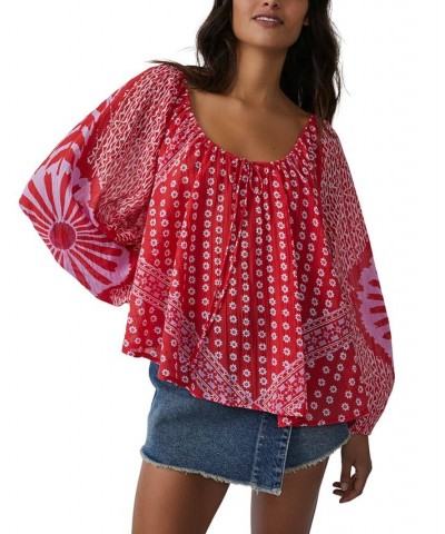 Women's Elena Printed Balloon-Sleeve Cotton Top Red $69.00 Tops