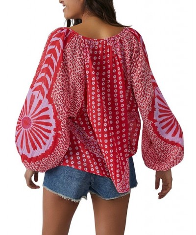 Women's Elena Printed Balloon-Sleeve Cotton Top Red $69.00 Tops