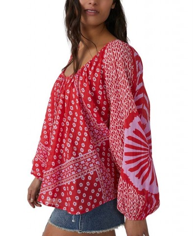 Women's Elena Printed Balloon-Sleeve Cotton Top Red $69.00 Tops