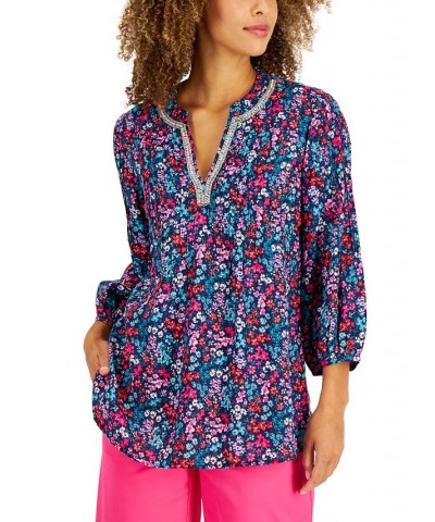 Women's Garden Print Linen Tunic Intrepid Blue $14.10 Tops