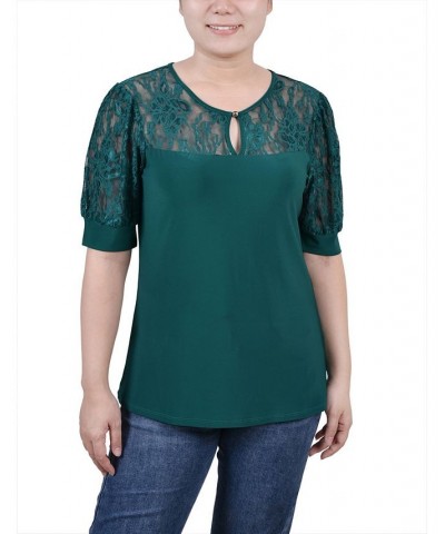 Women's Short Puff Sleeve Top with Lace Sleeves and Yoke Green $17.05 Tops